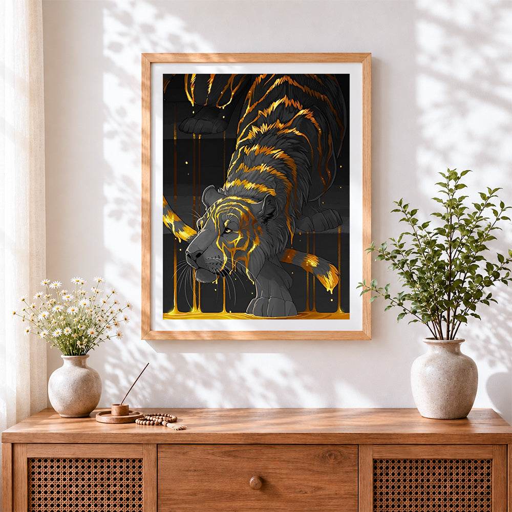 Finished black and gold tiger cross stitch artwork displayed