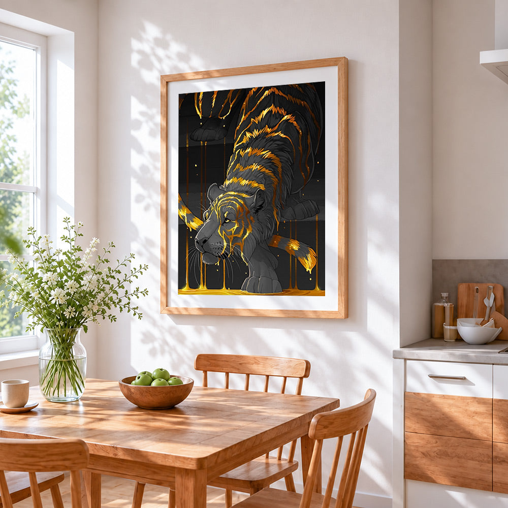 Black and gold tiger cross stitch artwork displayed on wall as home decor