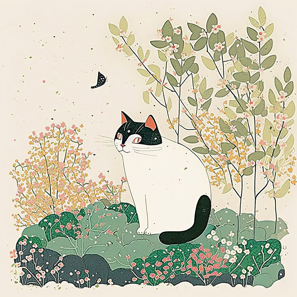 Black and white cat in spring cross stitch kit for beginners