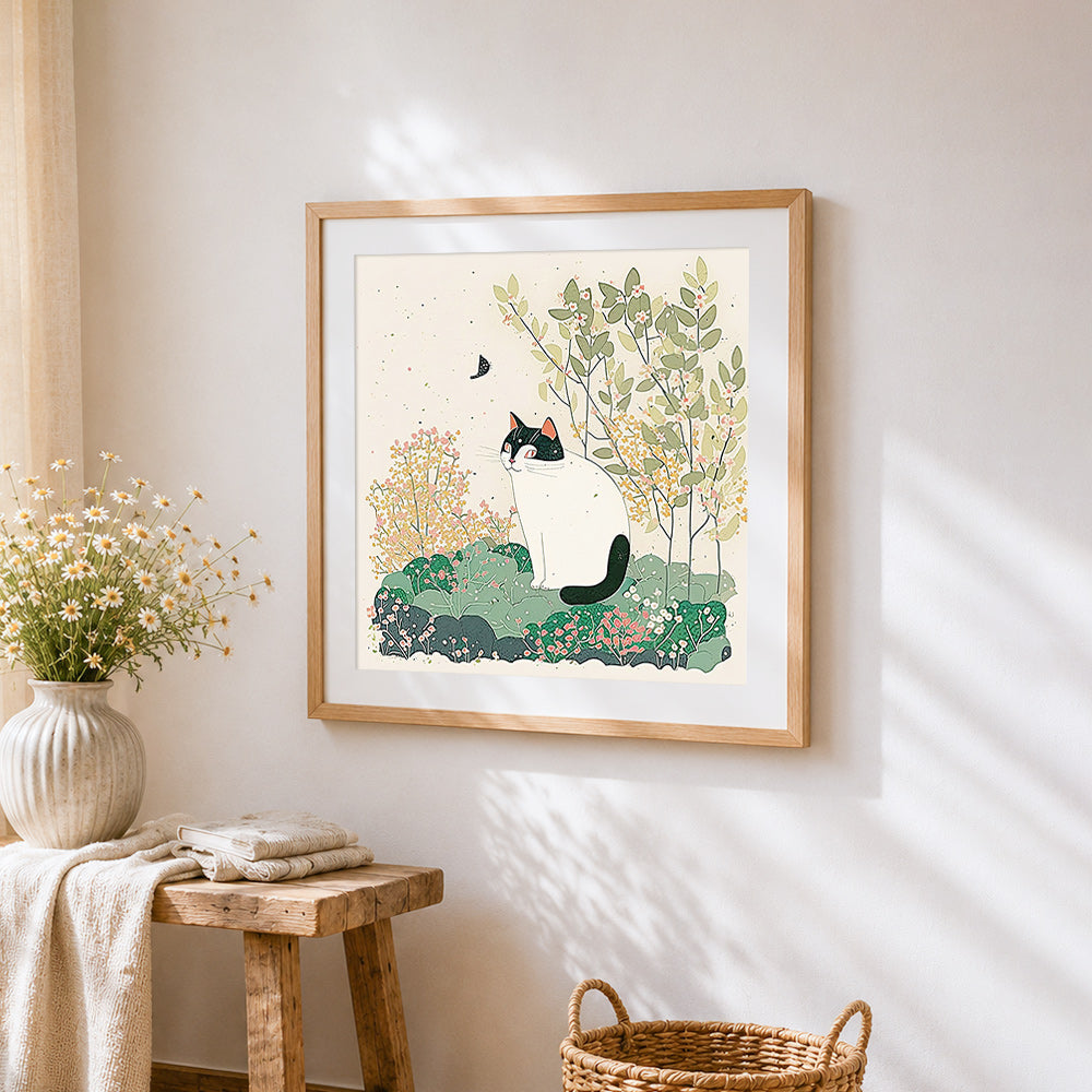 Black and white cat in spring cross stitch artwork displayed on wall as home decor