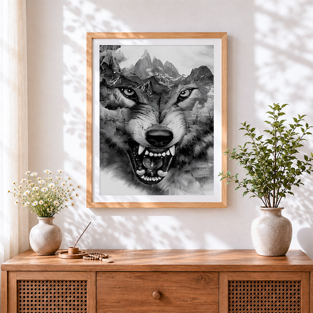 Finished black and white double exposure wolf cross stitch artwork displayed