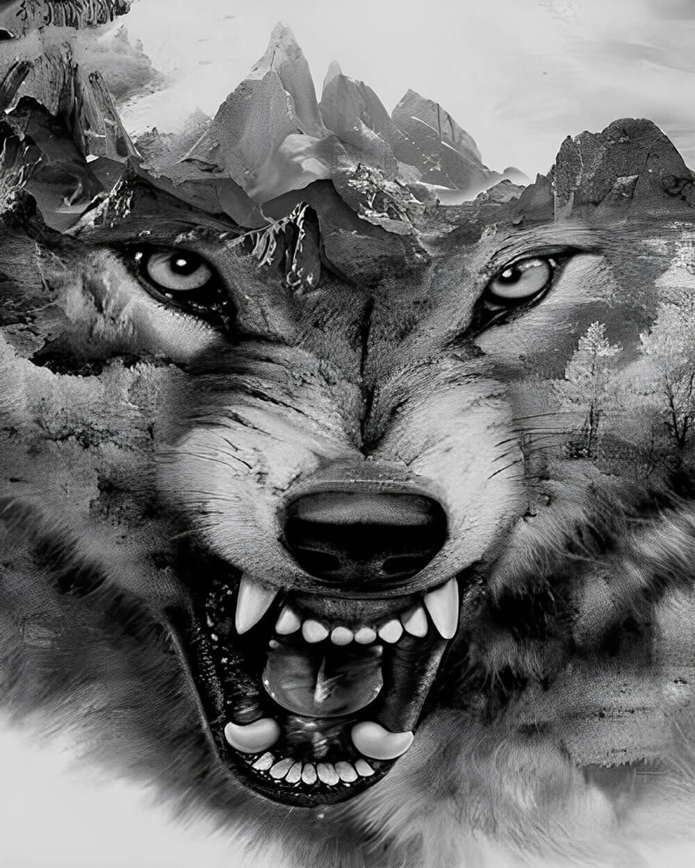 Black and white double exposure wolf cross stitch kit for beginners