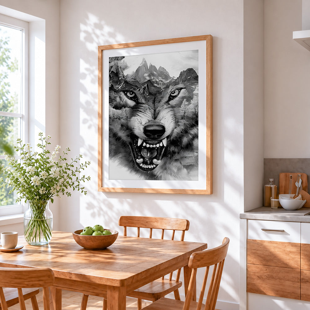 Black and white double exposure wolf cross stitch artwork displayed on wall as home decor