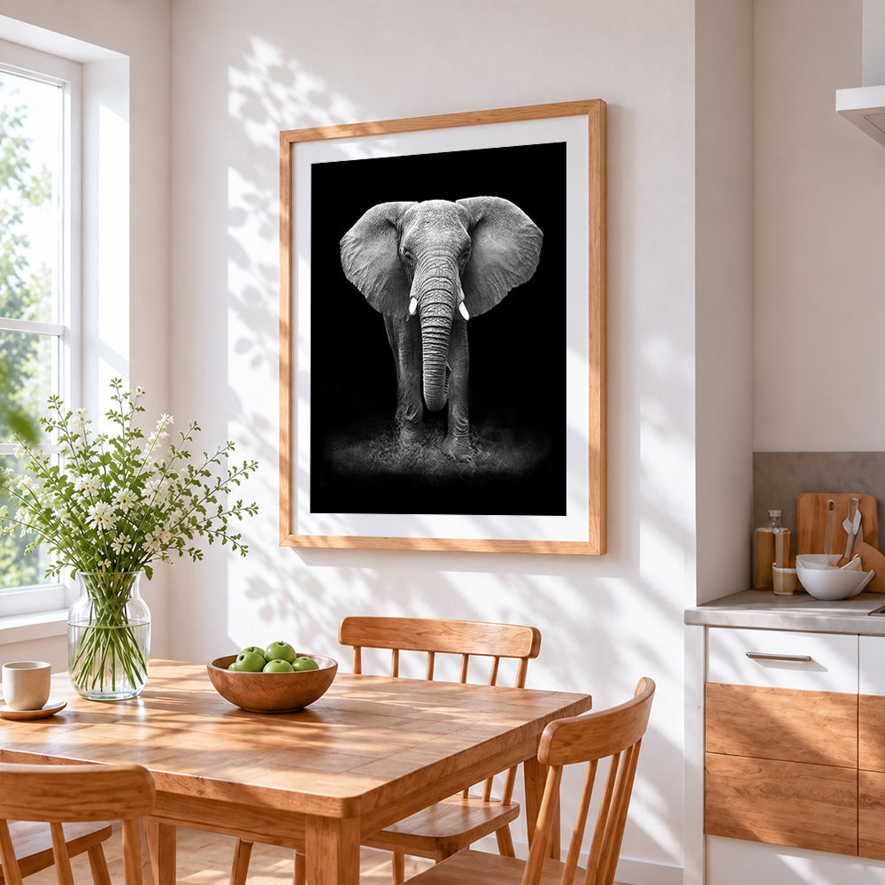 Black and white elephant portrait cross stitch artwork displayed on wall as home decor