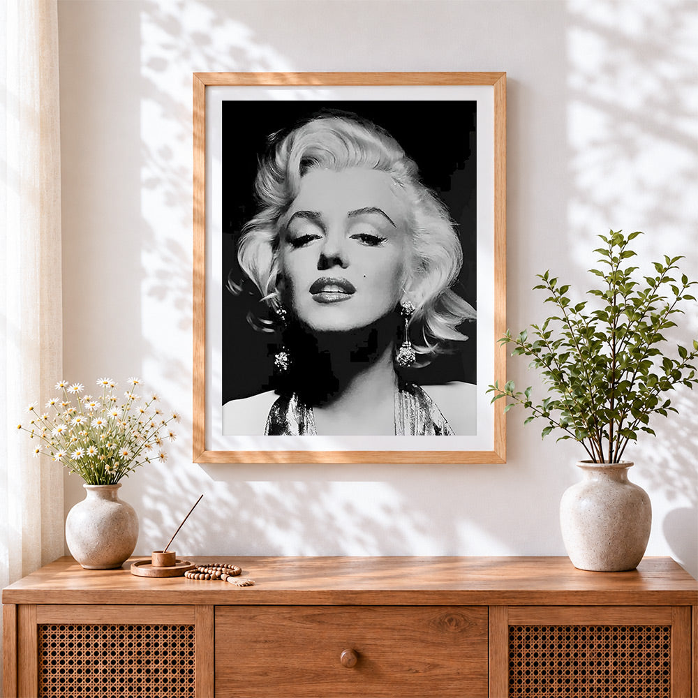 Finished black and white marilyn monroe portrait cross stitch artwork displayed