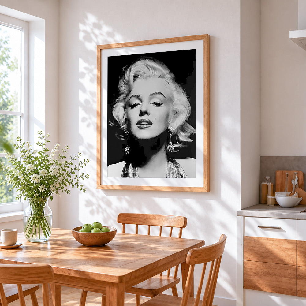 Black and white marilyn monroe portrait cross stitch artwork displayed on wall as home decor