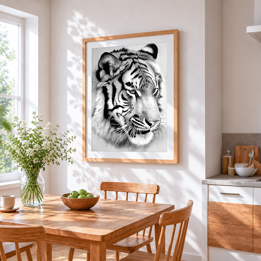 Black and white tiger sketch cross stitch artwork displayed on wall as home decor