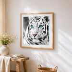 Black and white white tiger with blue eyes cross stitch artwork displayed on wall as home decor