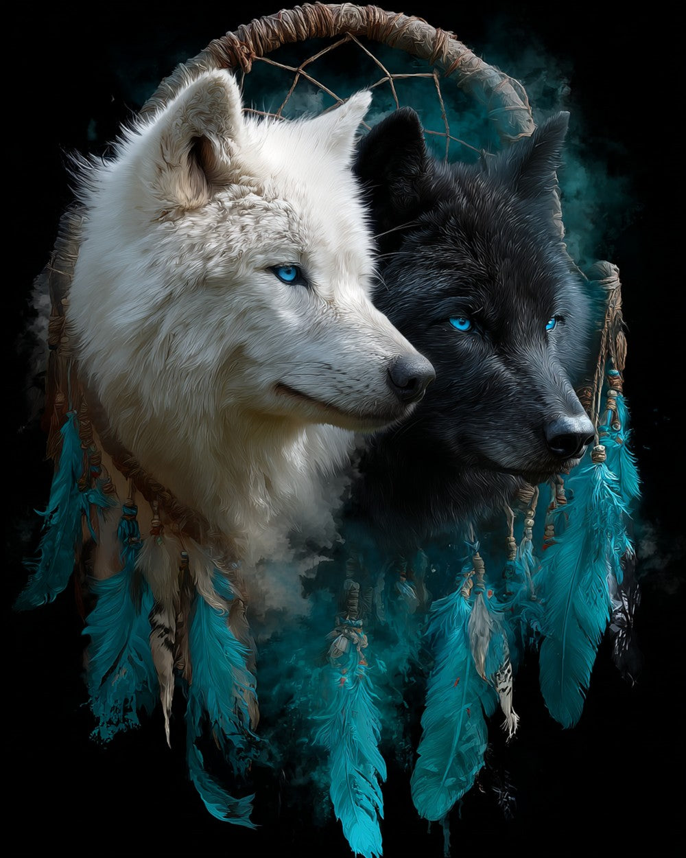 Black and white wolves in dreamcatcher cross stitch kit for beginners