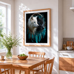 Black and white wolves in dreamcatcher cross stitch artwork displayed on wall as home decor