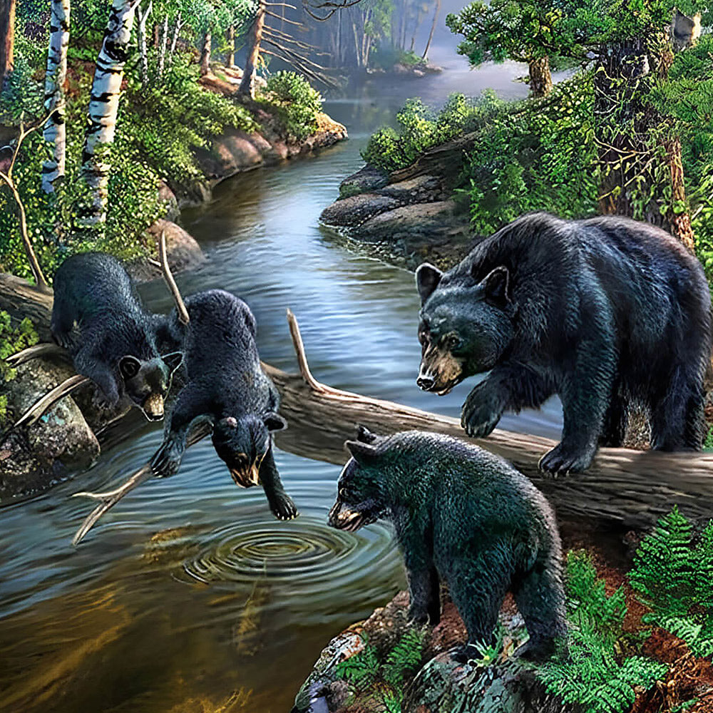 Black bear family by forest stream cross stitch kit for beginners