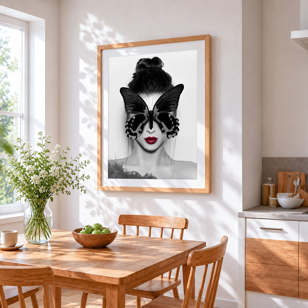 Black butterfly blindfold portrait cross stitch artwork displayed on wall as home decor