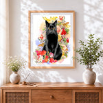 Finished black cat among flowers cross stitch artwork displayed