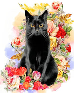 Black cat among flowers cross stitch kit for beginners