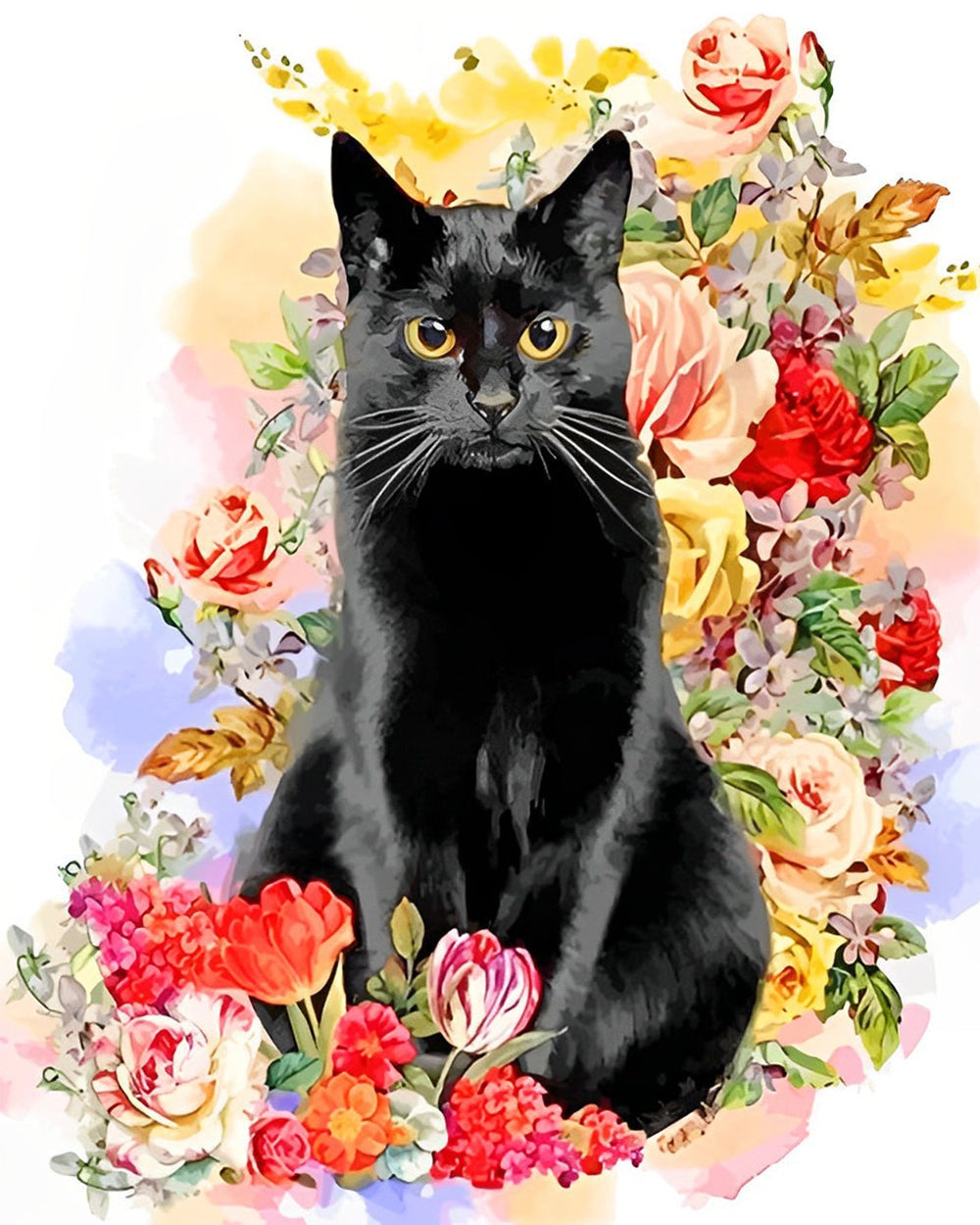 Black cat among flowers cross stitch kit for beginners