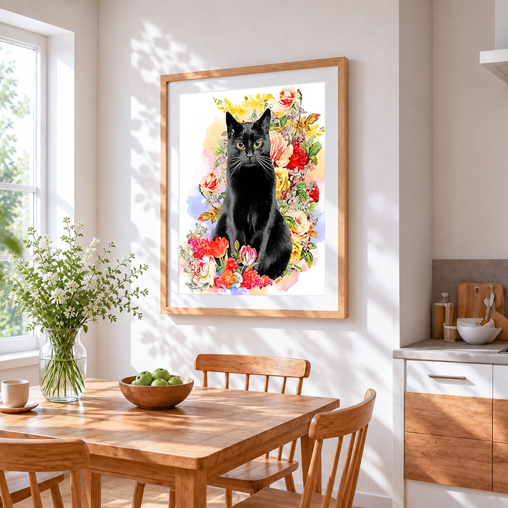 Black cat among flowers cross stitch artwork displayed on wall as home decor