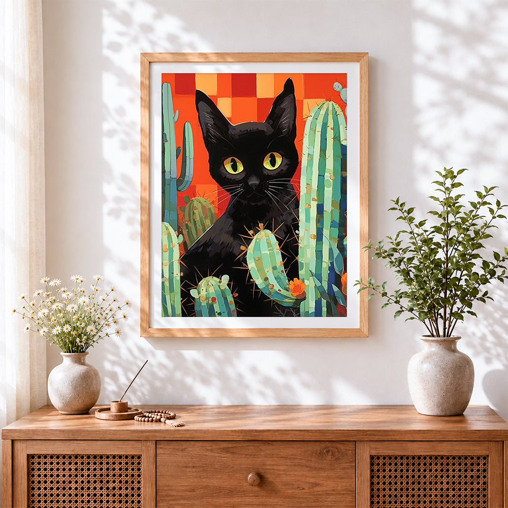 Finished black cat and cacti cross stitch artwork displayed