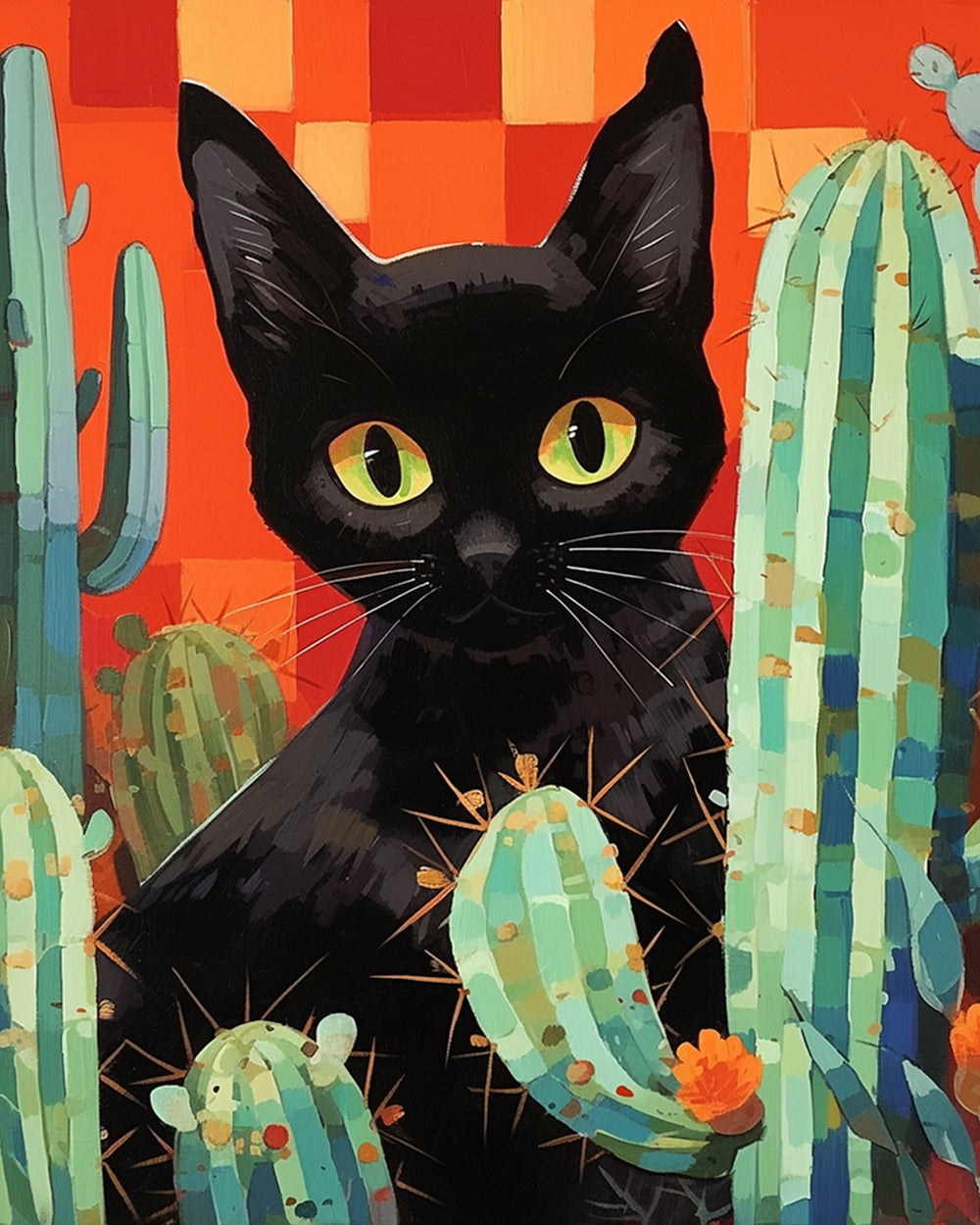 Black cat and cacti cross stitch kit for beginners