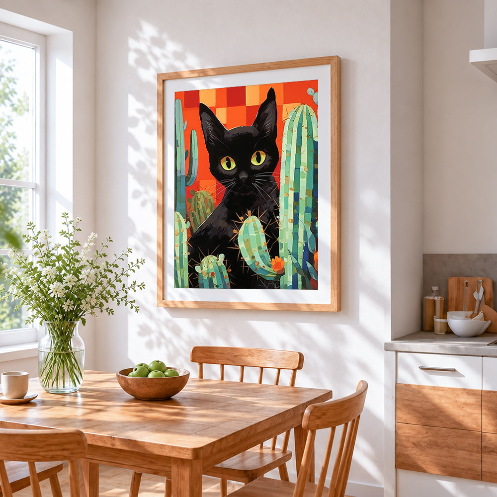 Black cat and cacti cross stitch artwork displayed on wall as home decor