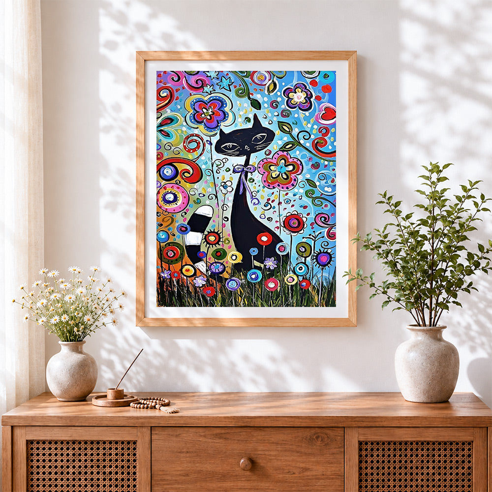 Finished black cat and flowers cross stitch artwork displayed