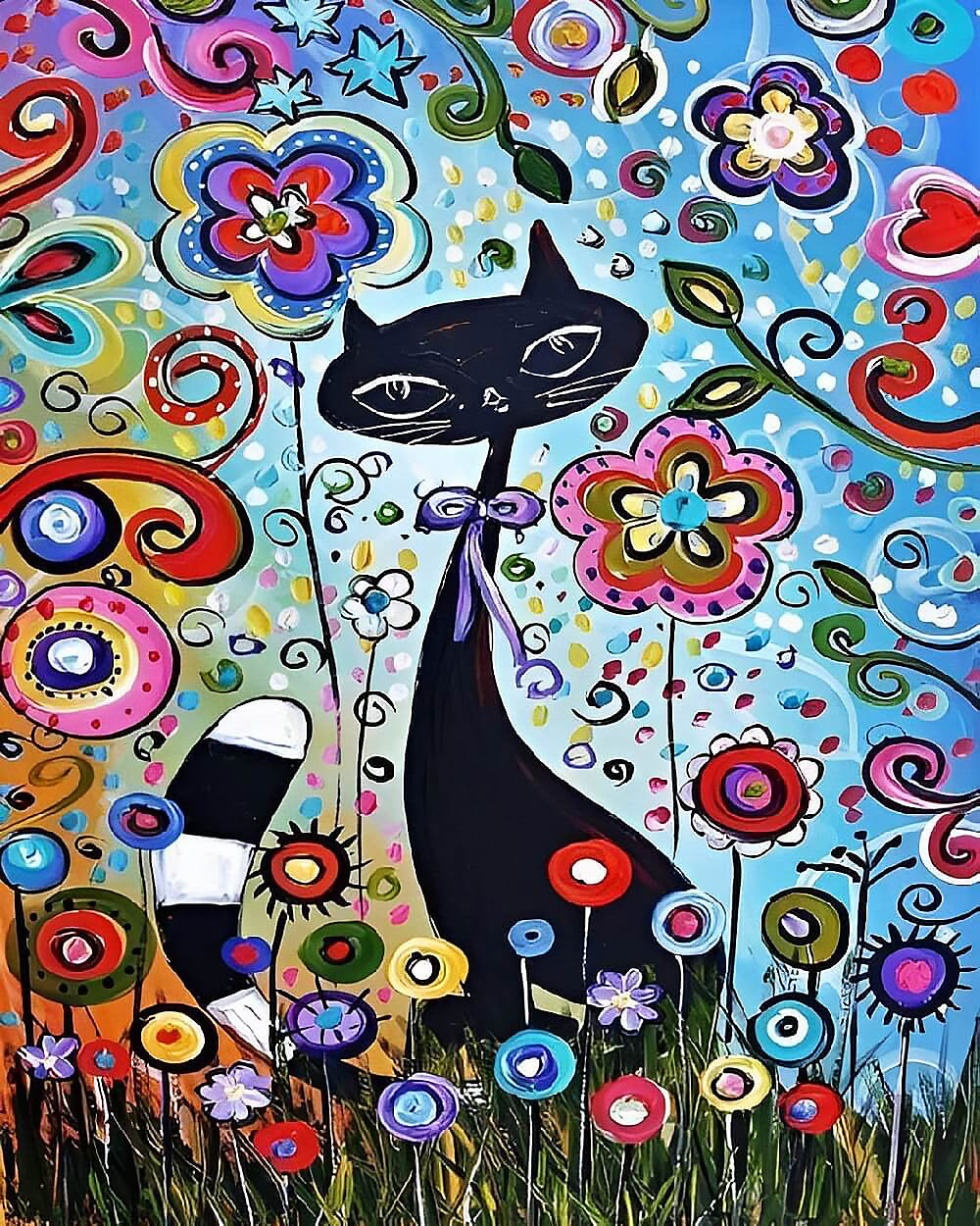 Black cat and flowers cross stitch kit for beginners