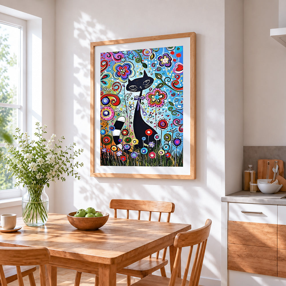 Black cat and flowers cross stitch artwork displayed on wall as home decor