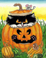 Black cat and mouse in pumpkin cross stitch kit for beginners