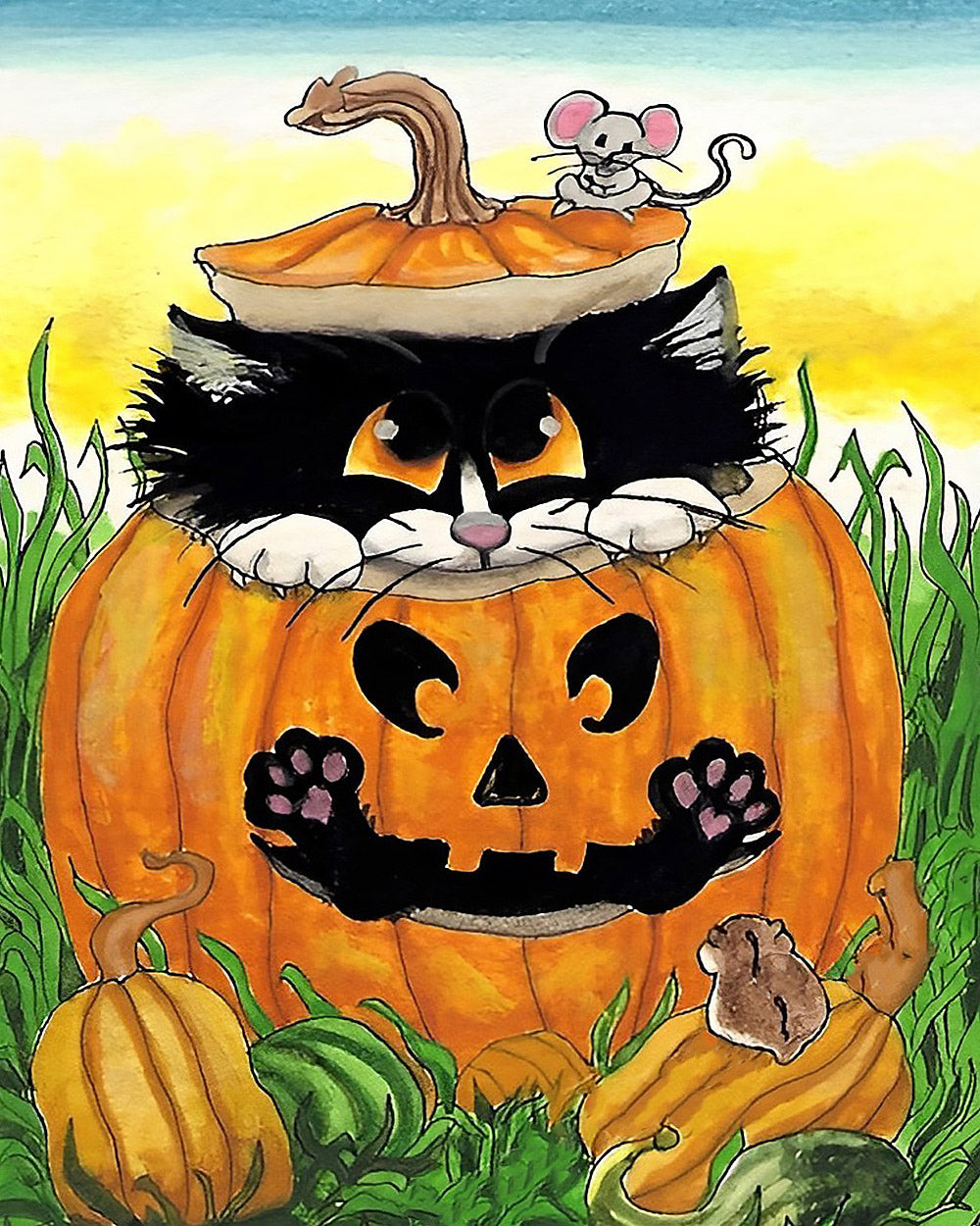 Black cat and mouse in pumpkin cross stitch kit for beginners