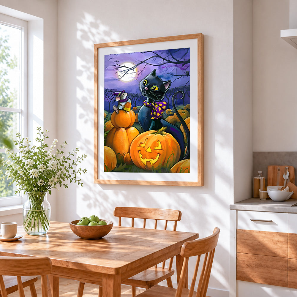 Black cat and mouse with candy corn cross stitch artwork displayed on wall as home decor
