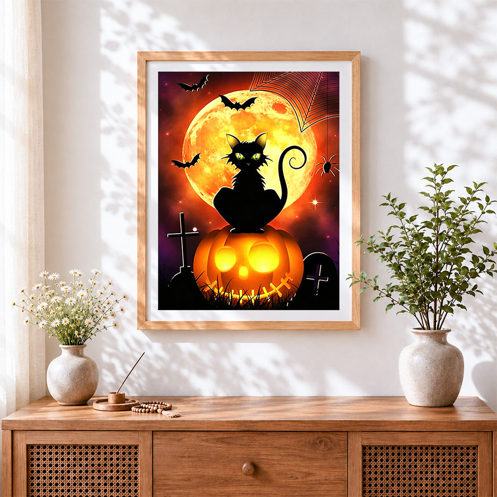Finished black cat and spiderweb under a full moon cross stitch artwork displayed