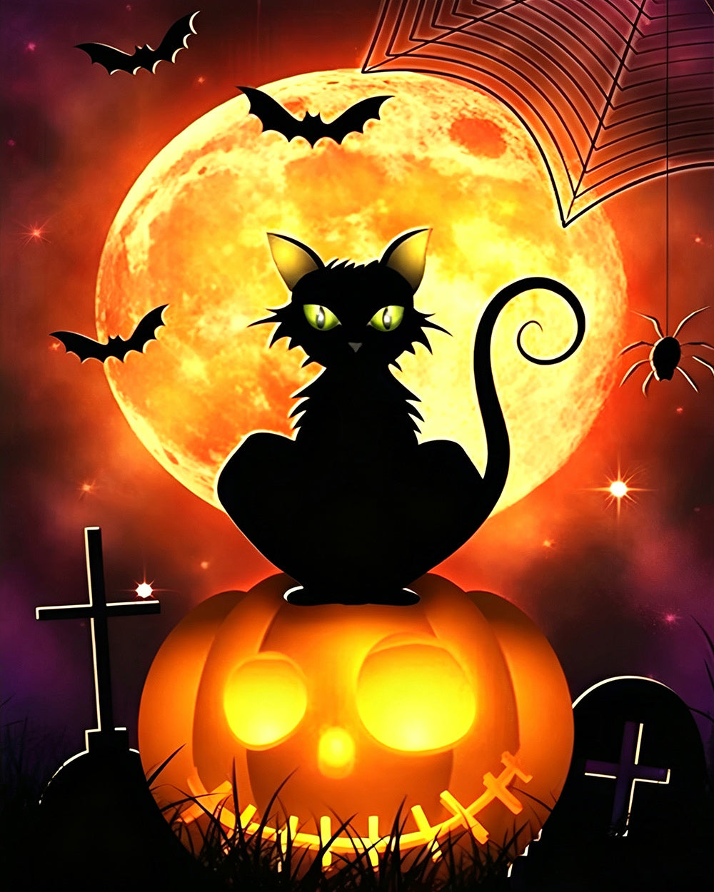 Black cat and spiderweb under a full moon cross stitch kit for beginners