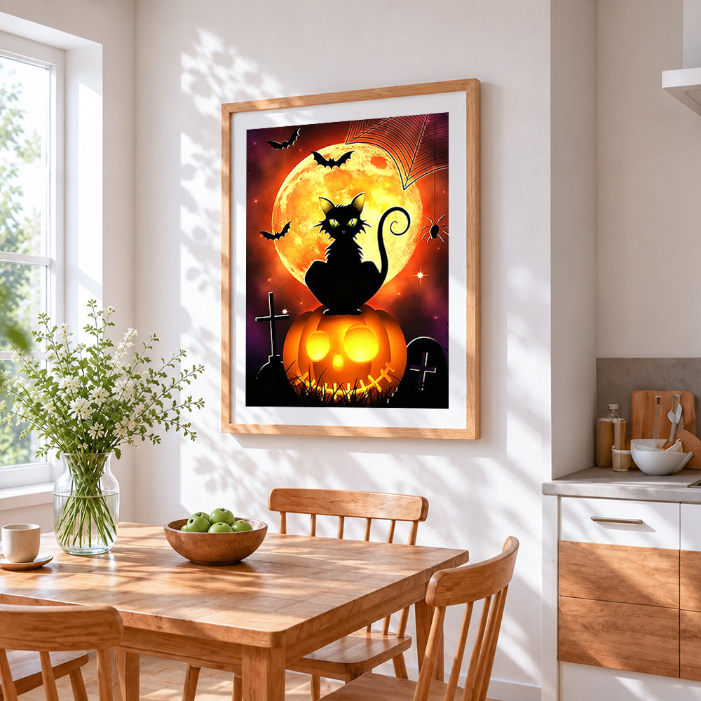 Black cat and spiderweb under a full moon cross stitch artwork displayed on wall as home decor