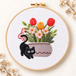 Black cat and tulips embroidery kit
