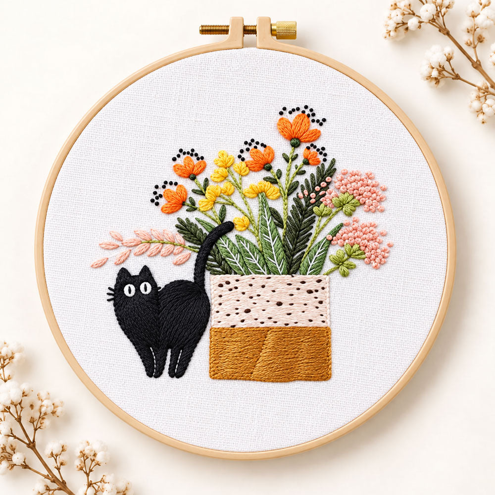Black cat and wildflowers embroidery kit