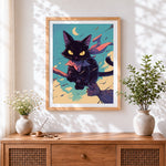 Finished black cat flying on broom cross stitch artwork displayed