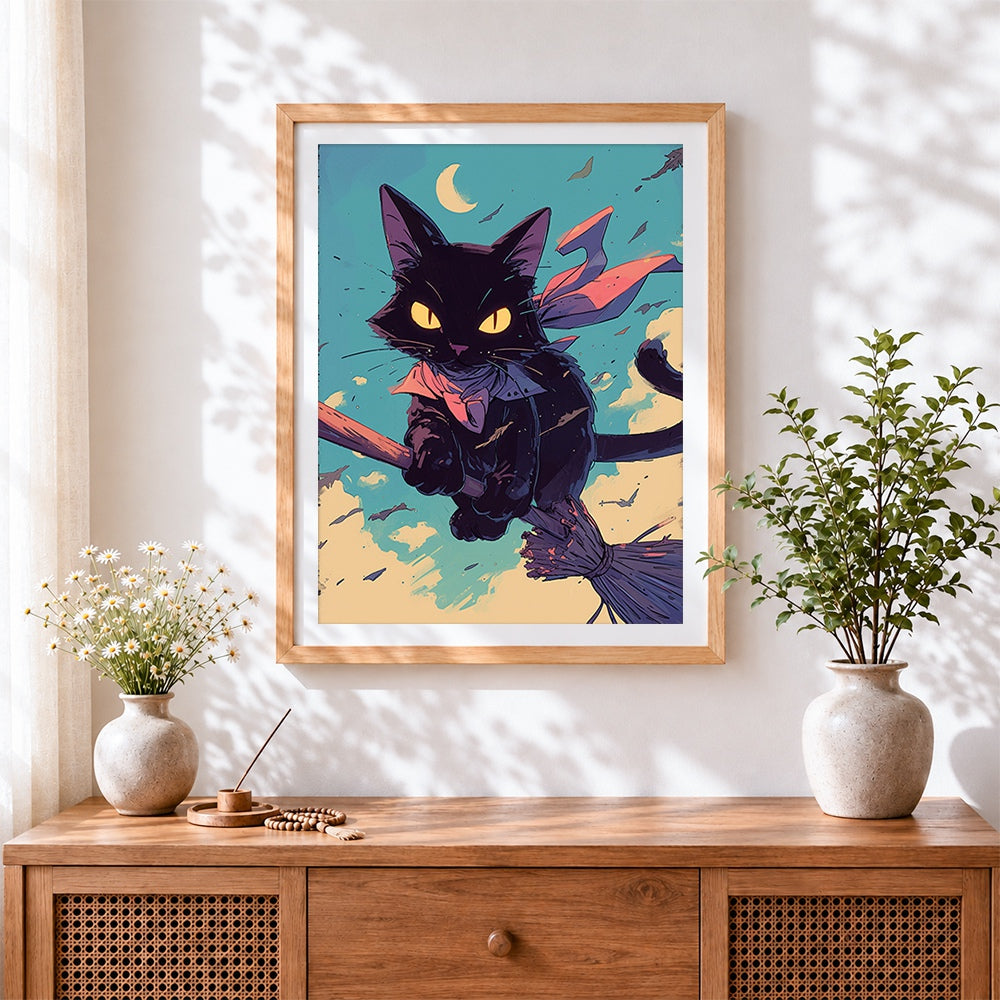Finished black cat flying on broom cross stitch artwork displayed