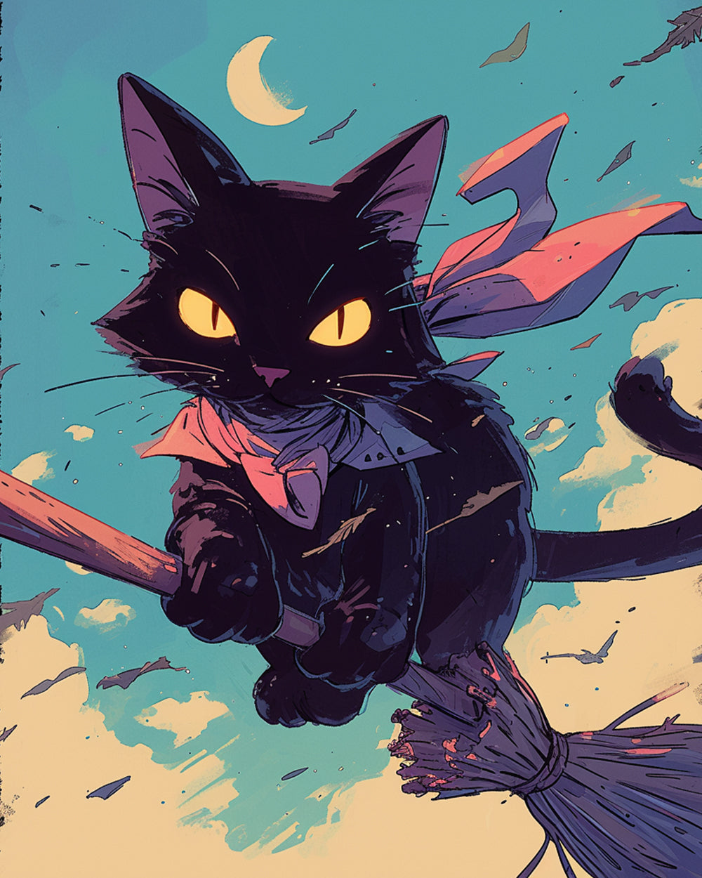 Black cat flying on broom cross stitch kit for beginners