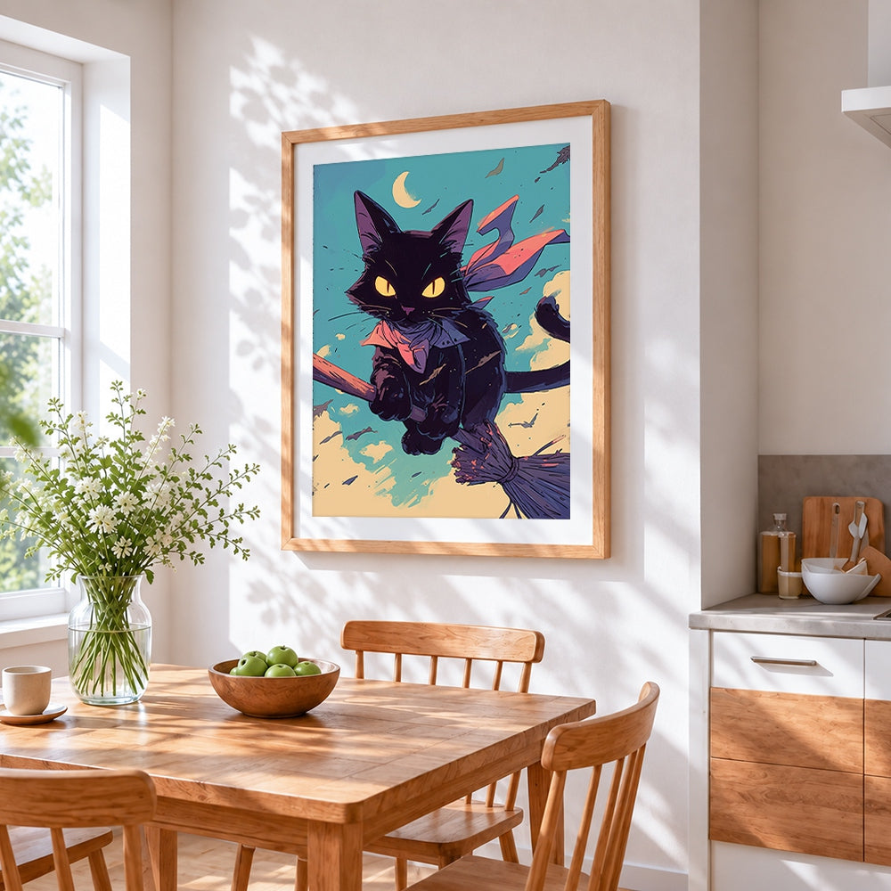 Black cat flying on broom cross stitch artwork displayed on wall as home decor