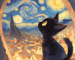 Black cat gazing at the starry night cross stitch kit for beginners