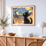 Black cat gazing at the starry night cross stitch artwork displayed on wall as home decor