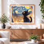 Finished black cat gazing at the starry night paint by numbers artwork displayed as home decor