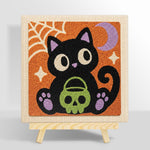 Black cat holding skull treat bucket punch needle kit for beginners