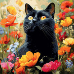 Black cat in a poppy field cross stitch kit for beginners