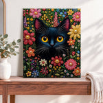 Finished black cat in colourful flowers pearl diamond painting artwork displayed as home decor