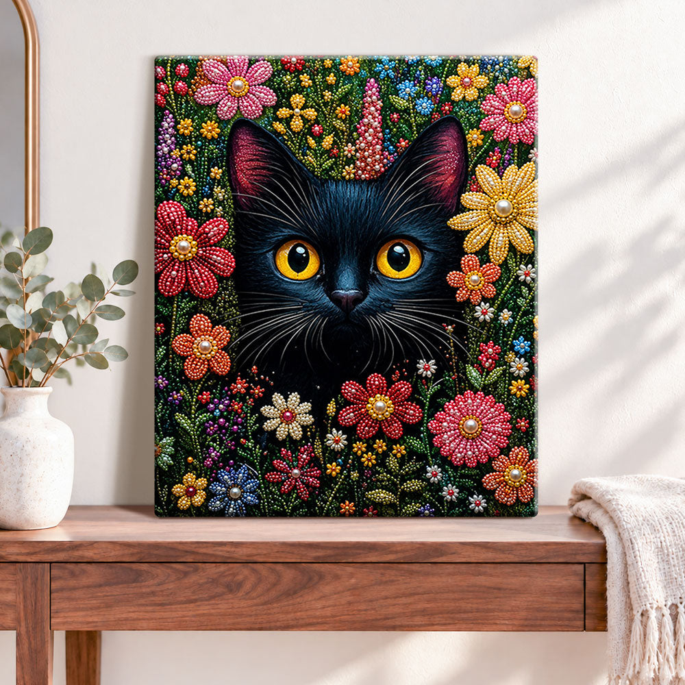 Finished black cat in colourful flowers pearl diamond painting artwork displayed as home decor