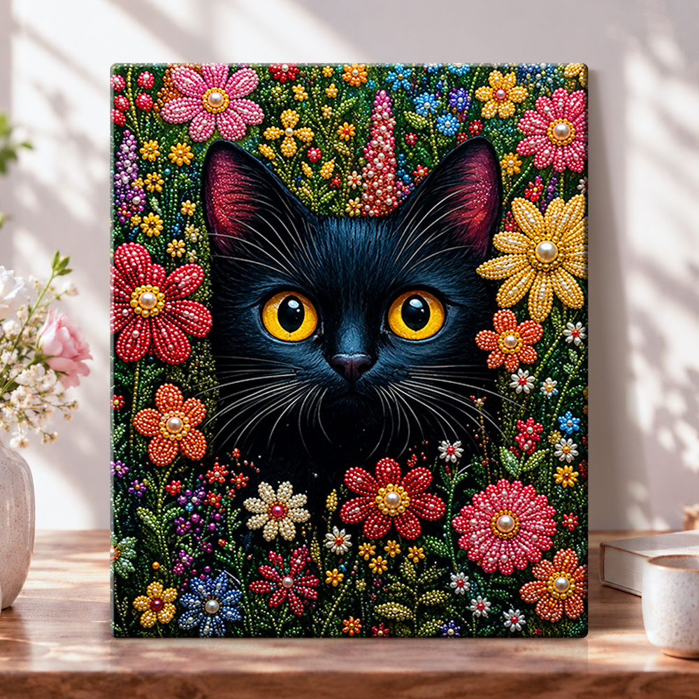 Black cat in colourful flowers pearl diamond painting kit for beginners