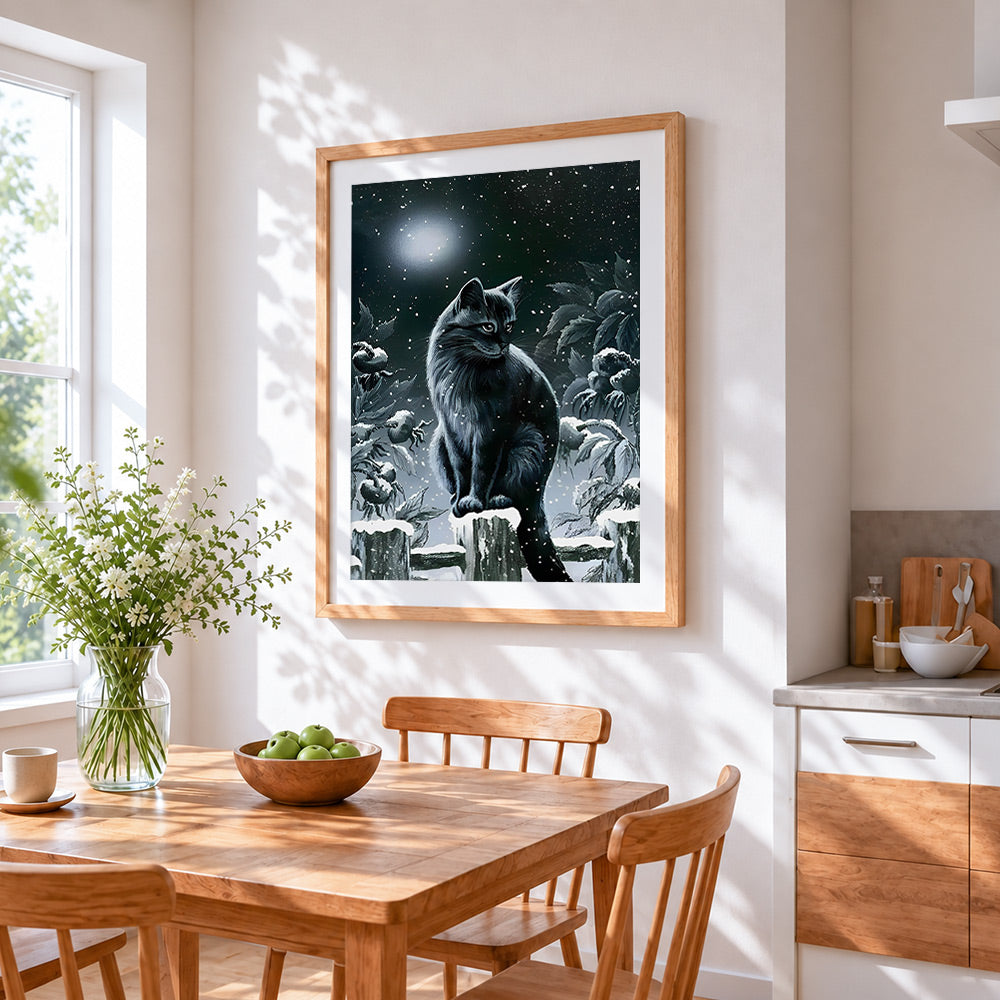 Black cat in snowy night cross stitch artwork displayed on wall as home decor