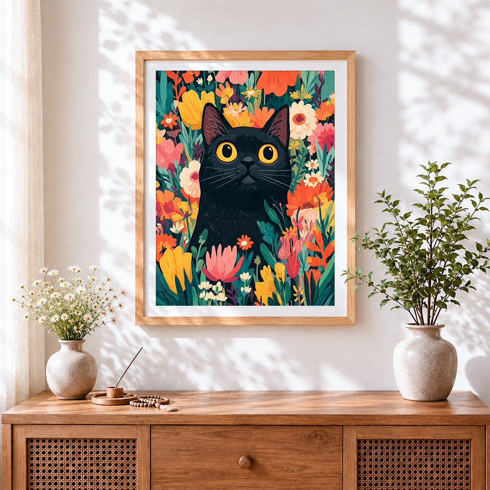 Finished black cat in wildflower garden cross stitch artwork displayed