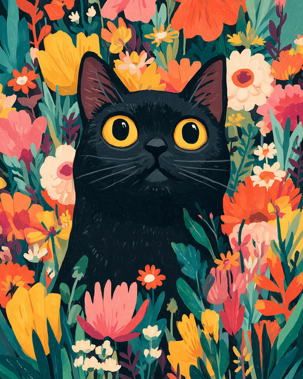 Black cat in wildflower garden cross stitch kit for beginners