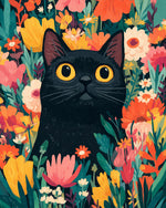 Black cat in wildflower garden cross stitch kit for beginners